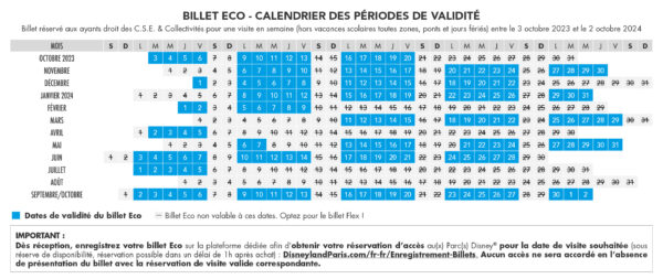 calendrier Disneyland Paris billet eco, billetterie, tarif préférentiel et tarif réduit Apace loisirs