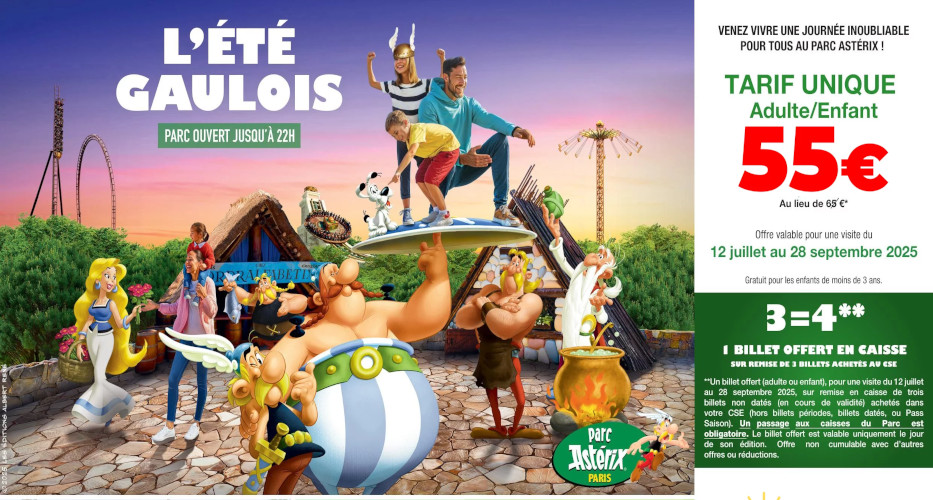 Offre Parc Astérix 3=4* « Billets non datés » soit l’entrée à 41,25€