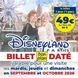 E-BILLET "BON PLAN" DATÉ Disneyland Paris 1 jour 1 parc 2026 - Voir les dates et disponibilités ci-dessous